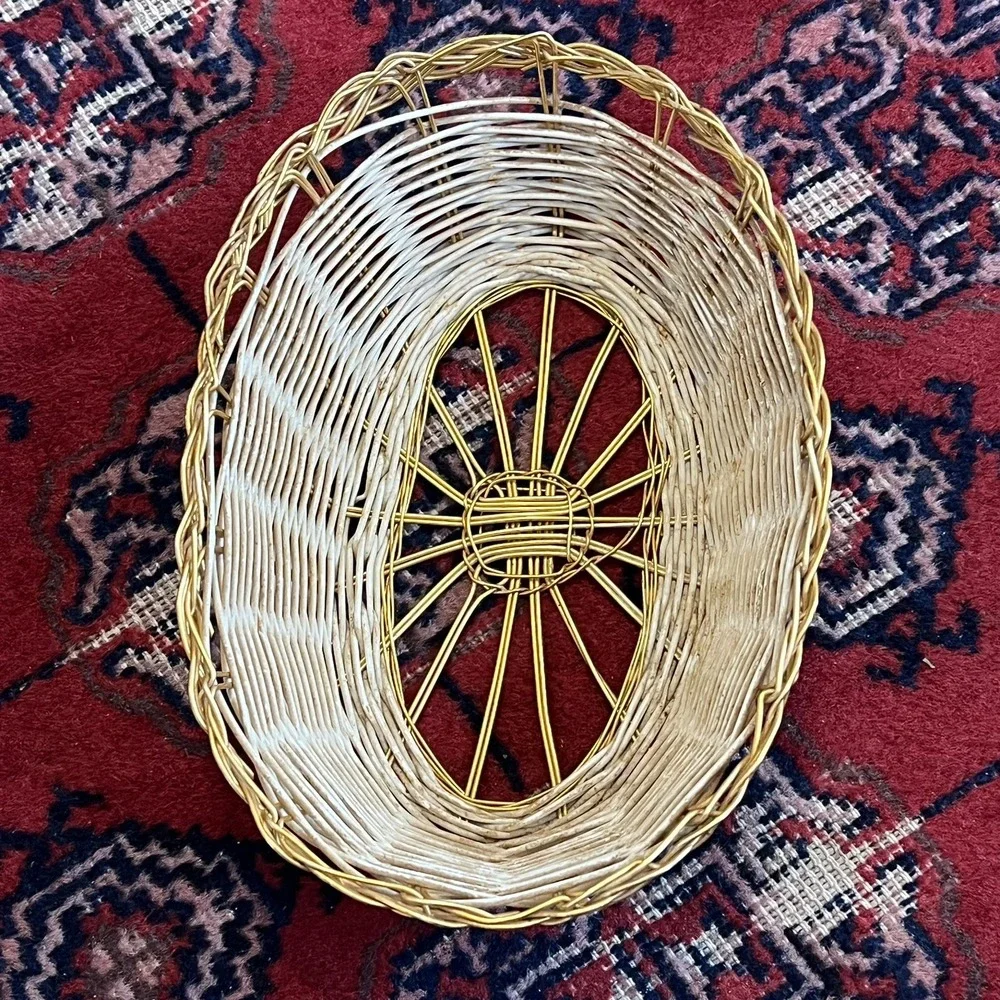 Vintage Gold Metal / Wicker Hand Woven Oval Bread Basket 9